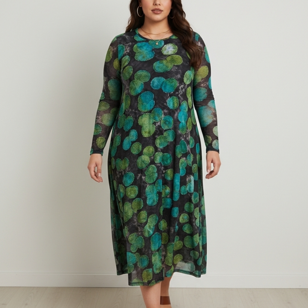 NEW ALEMBICA Chic Long Sleeve Dress with Green and Blue Accents